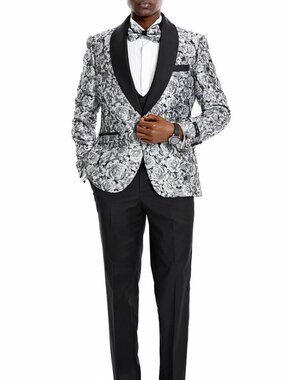 Silver/Black Floral Shawl Collar 3 Piece Fashion Men's Suit